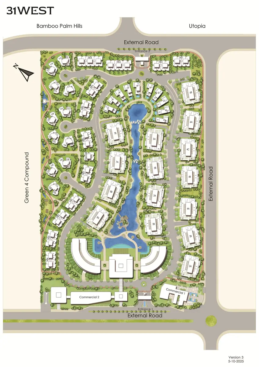 31 West – Masterplan drawing with a central lake ringed by homes, gardens and roads