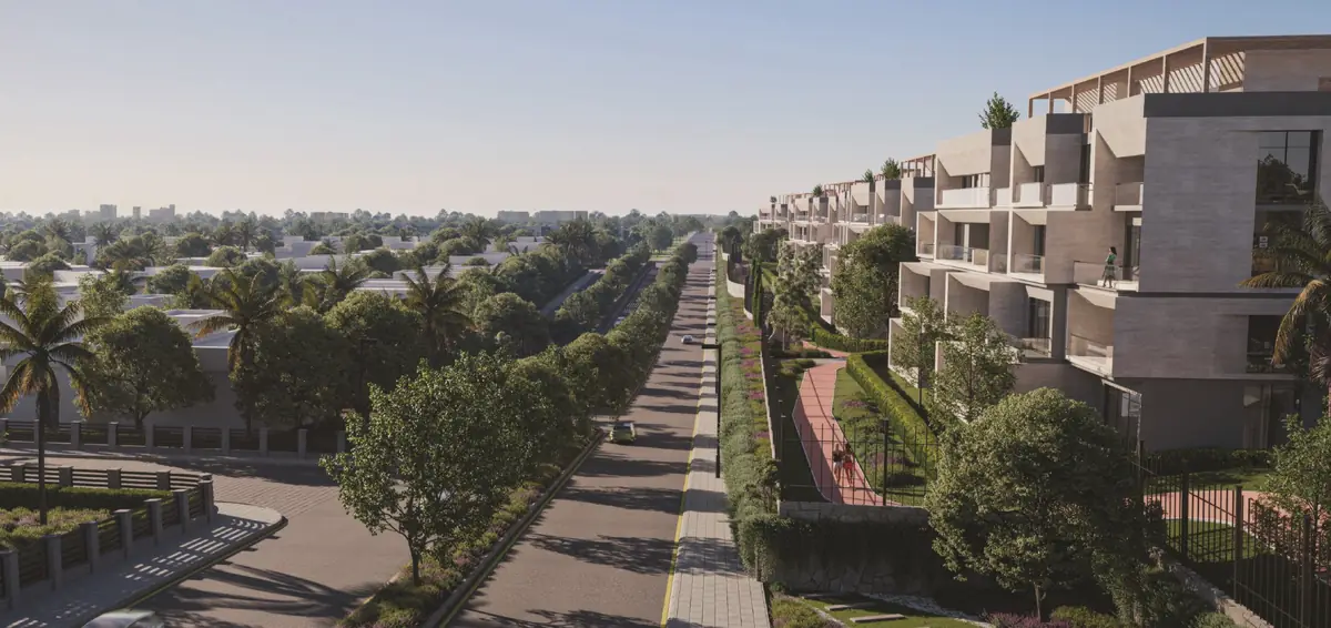 31 West – Tree-lined avenue running past terraced apartments with a red garden path