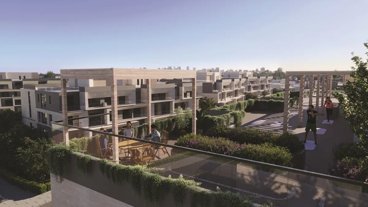31 West – Roof terrace with timber pergolas, outdoor dining and an exercise area
