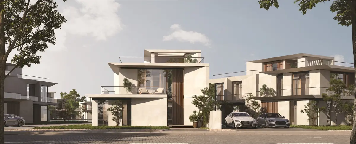 31 West – Detached villas with deep roof slabs, timber fins and glass balconies