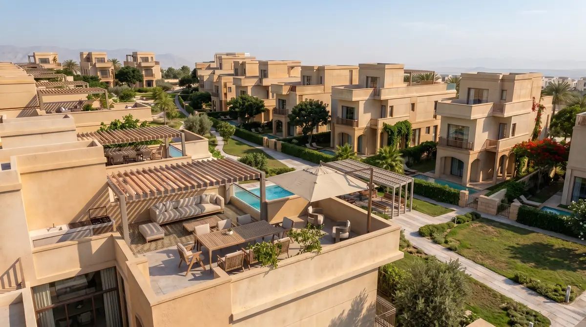 Asayla – Dachterrasse mit Holzpergola, Essplatz im Freien und Lounge mit Blick auf sandfarbene Villen