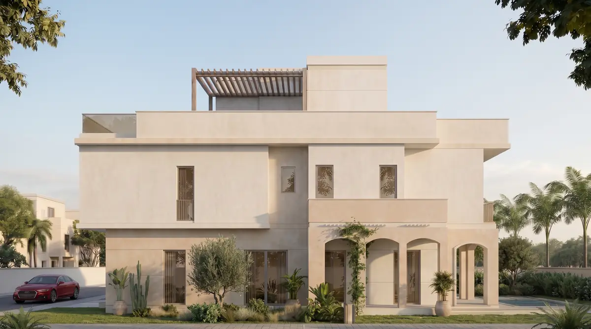 Asayla – Vorderansicht einer dreigeschossigen Villa mit Bogenloggia und Dachpergola