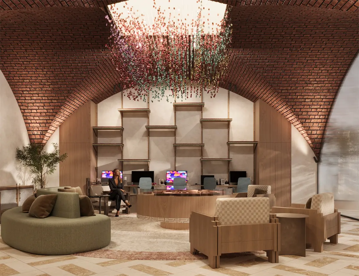 Citadel Plaza Sales Office – Workstations and timber wall shelving behind the round desk, with a curved green sofa