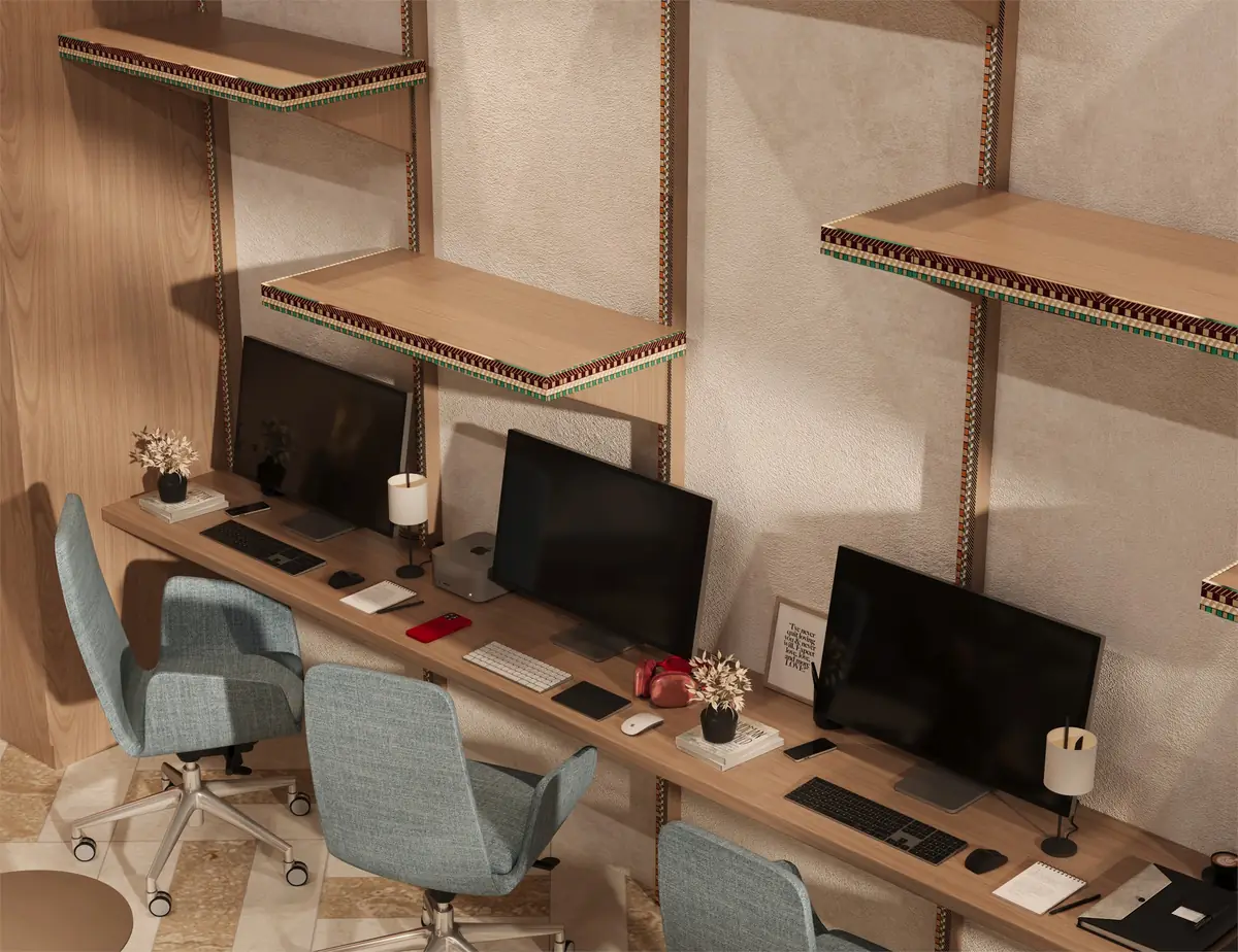 Citadel Plaza Sales Office – Sales workstations with blue chairs, monitors and timber wall shelves