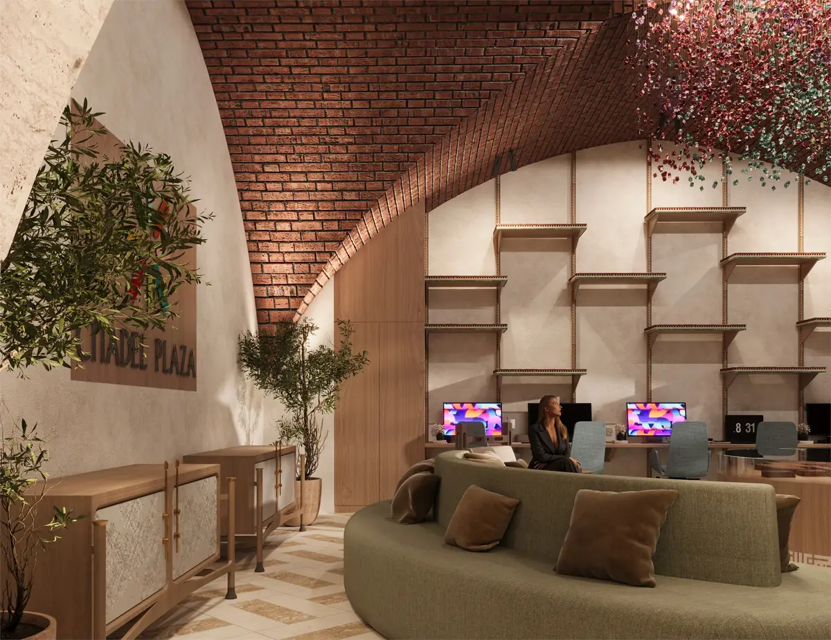 Citadel Plaza Sales Office – Curved green sofa facing the workstations and shelving under a brick vault