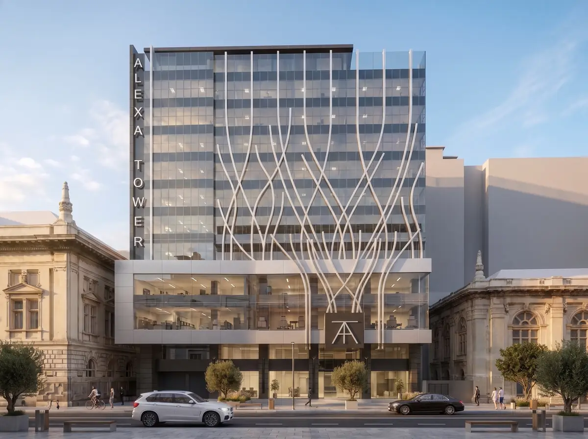 Design & Construction Mgmt for Alexa Tower (Mall & Business Park) – Street elevation of the glass tower and podium flanked by neoclassical buildings