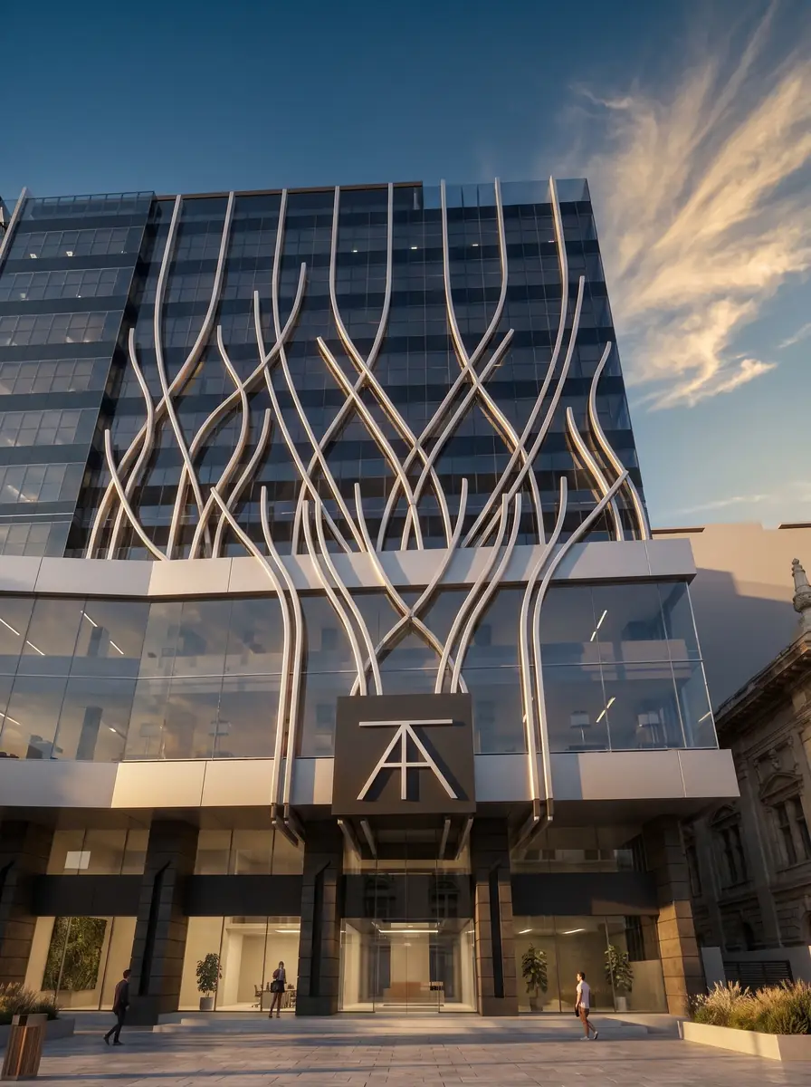 Design & Construction Mgmt for Alexa Tower (Mall & Business Park) – Entrance podium with AT monogram where the branching metal fins begin