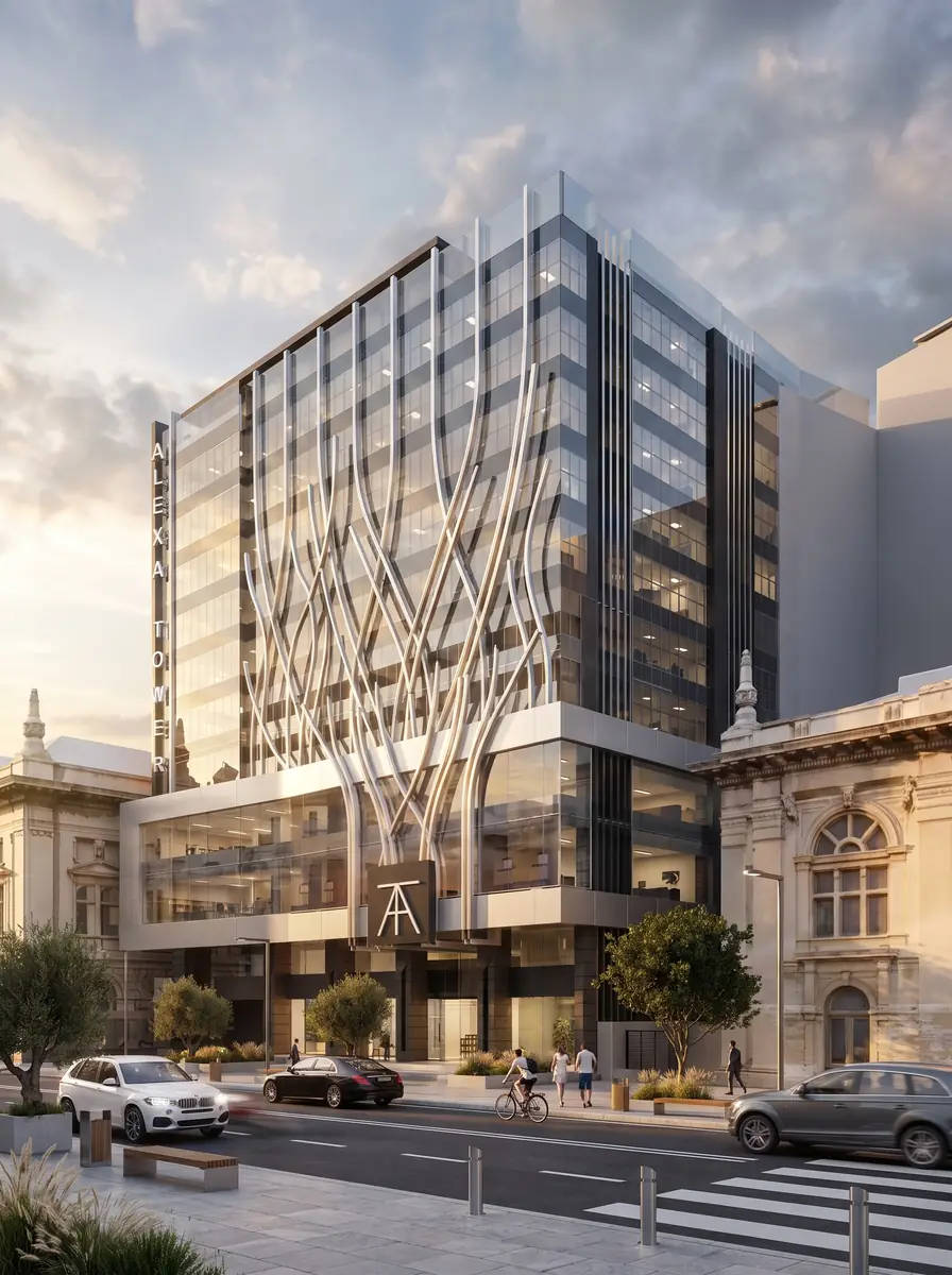 Design & Construction Mgmt for Alexa Tower (Mall & Business Park) – Street-level perspective of the finned glass façade above a pedestrian crossing
