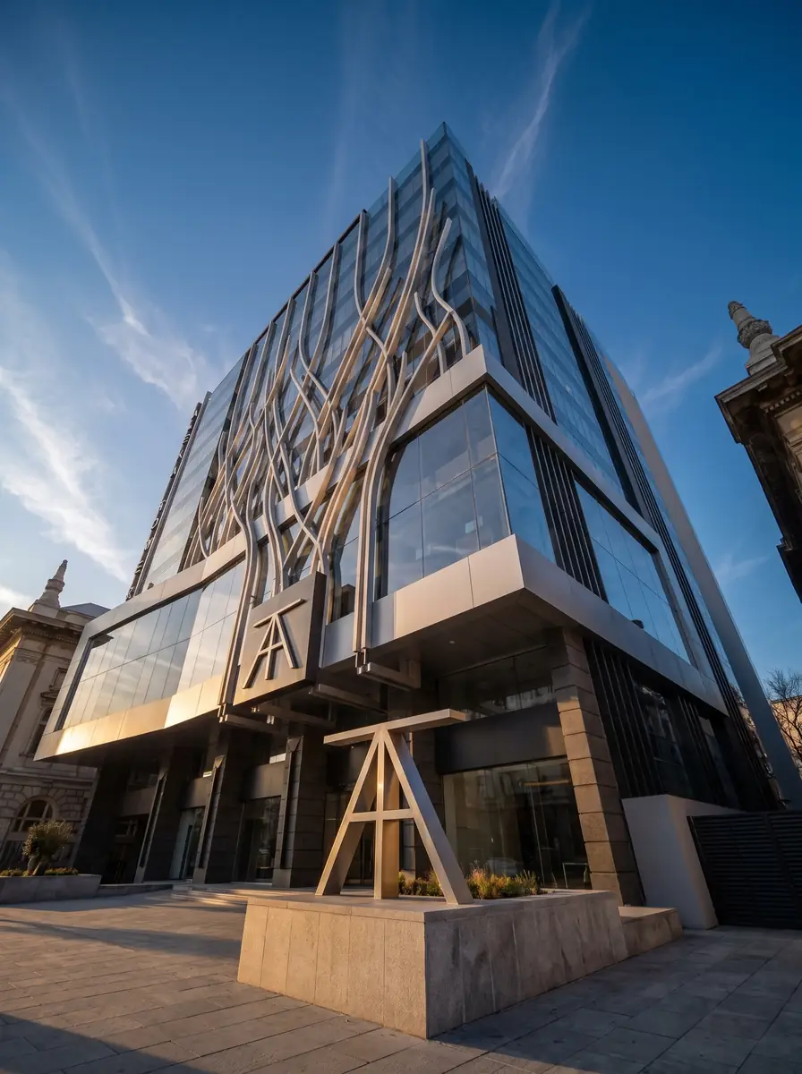 Design & Construction Mgmt for Alexa Tower (Mall & Business Park) – Low-angle view from the entrance plaza with a large AT monogram sculpture