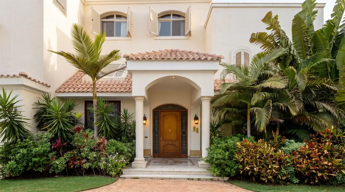 Green Heights Compound – Arched entrance portico with timber door framed by lush tropical planting