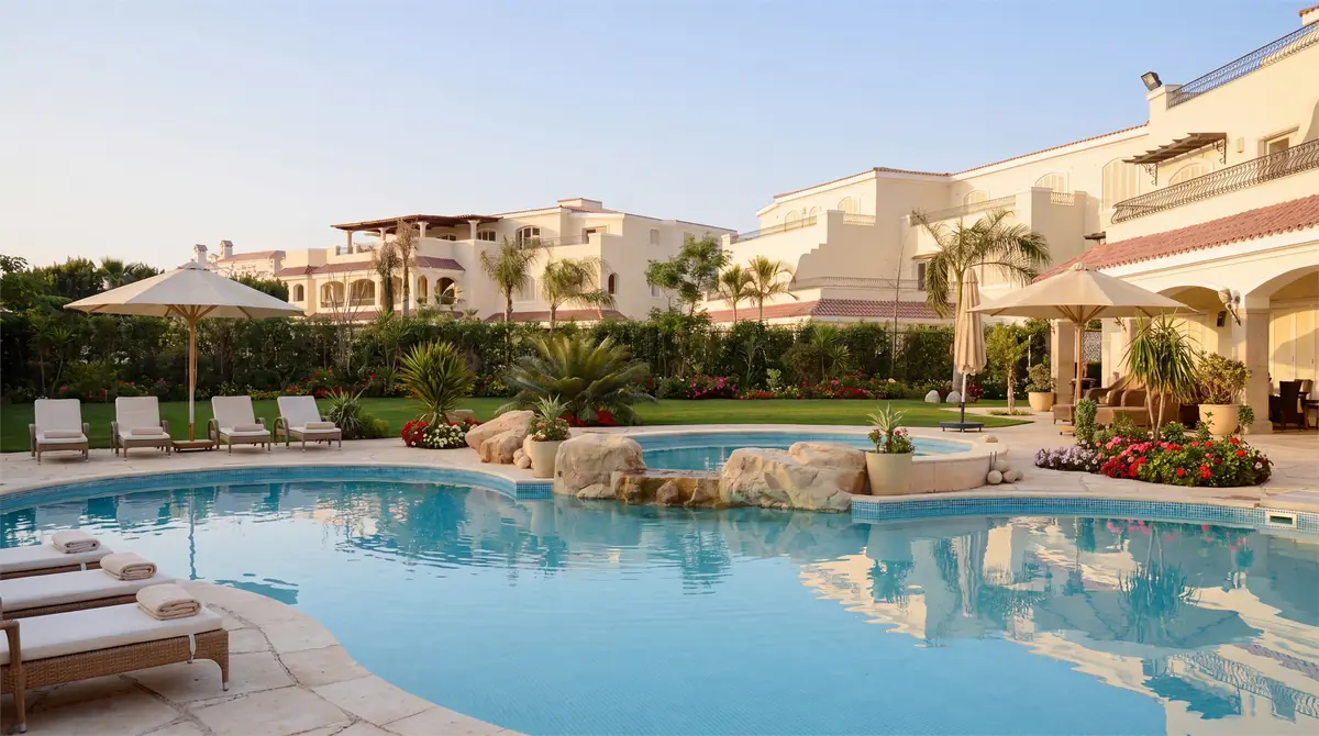 Green Heights Compound – Pool with rock island and sun loungers before villas in gardens