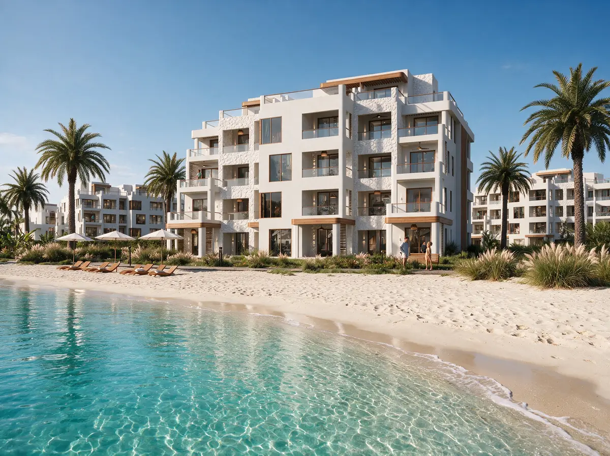 Katameya Coast - Sidi Henish – White chalet block with timber-trimmed balconies above a sandy lagoon beach