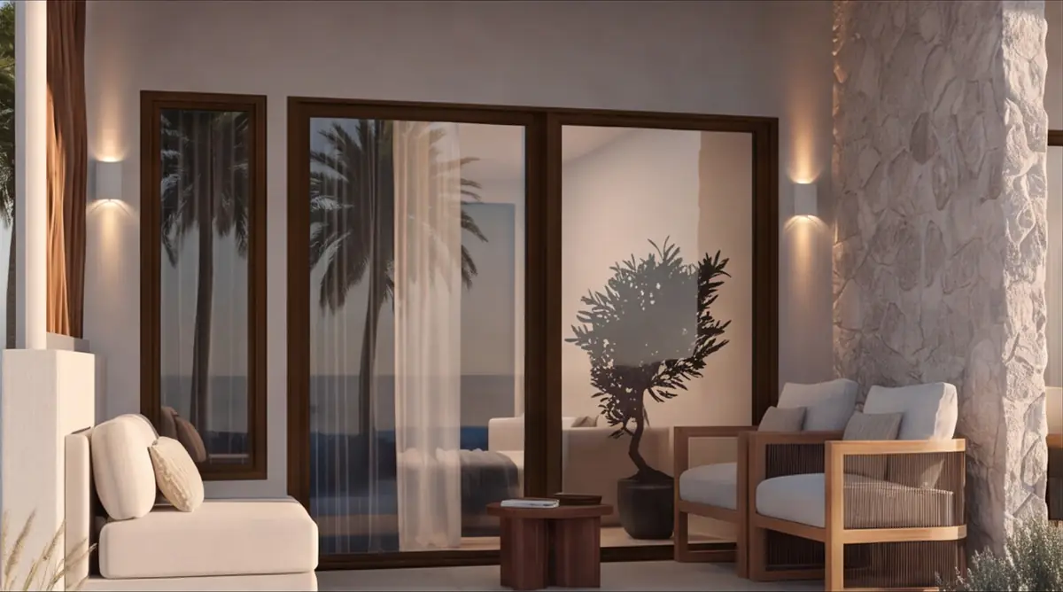 Katameya Coast - Sidi Henish – Cabana terrace with timber armchairs, stone pillar and sliding glass doors