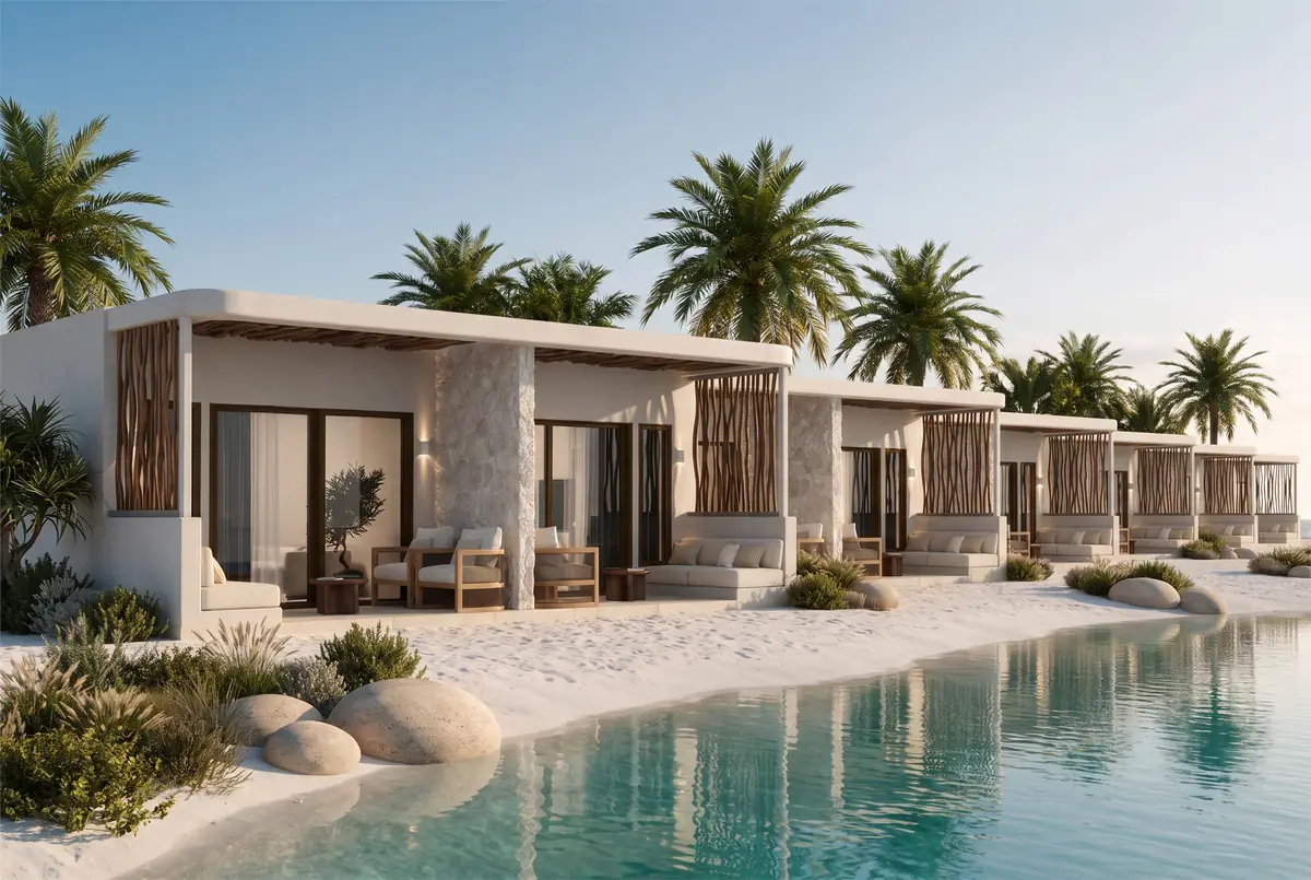 Katameya Coast - Sidi Henish – Row of single-storey cabanas with slatted timber screens along the lagoon shore