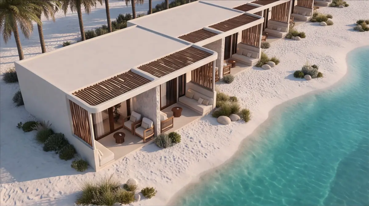 Katameya Coast - Sidi Henish – Aerial view of cabanas with timber pergolas on white sand beside turquoise water