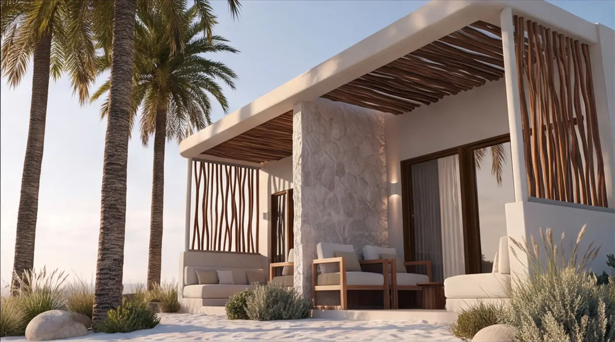 Katameya Coast - Sidi Henish – Single cabana with stone pillar, timber pergola and branch-pattern screens among palms