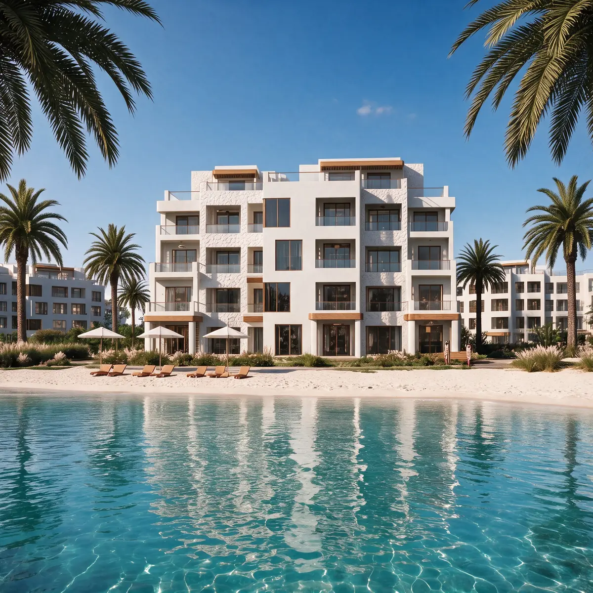 Katameya Coast - Sidi Henish – Front view of a white chalet block reflected in clear lagoon water
