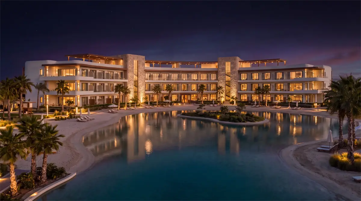 Katameya Coast - Sidi Henish – Hotel wings lit at dusk around a palm-fringed lagoon with planted island