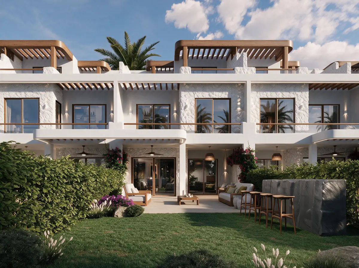 Katameya Coast - Sidi Henish – Townhouse garden terraces with outdoor bar stools, lounge sofas and rough stone walls