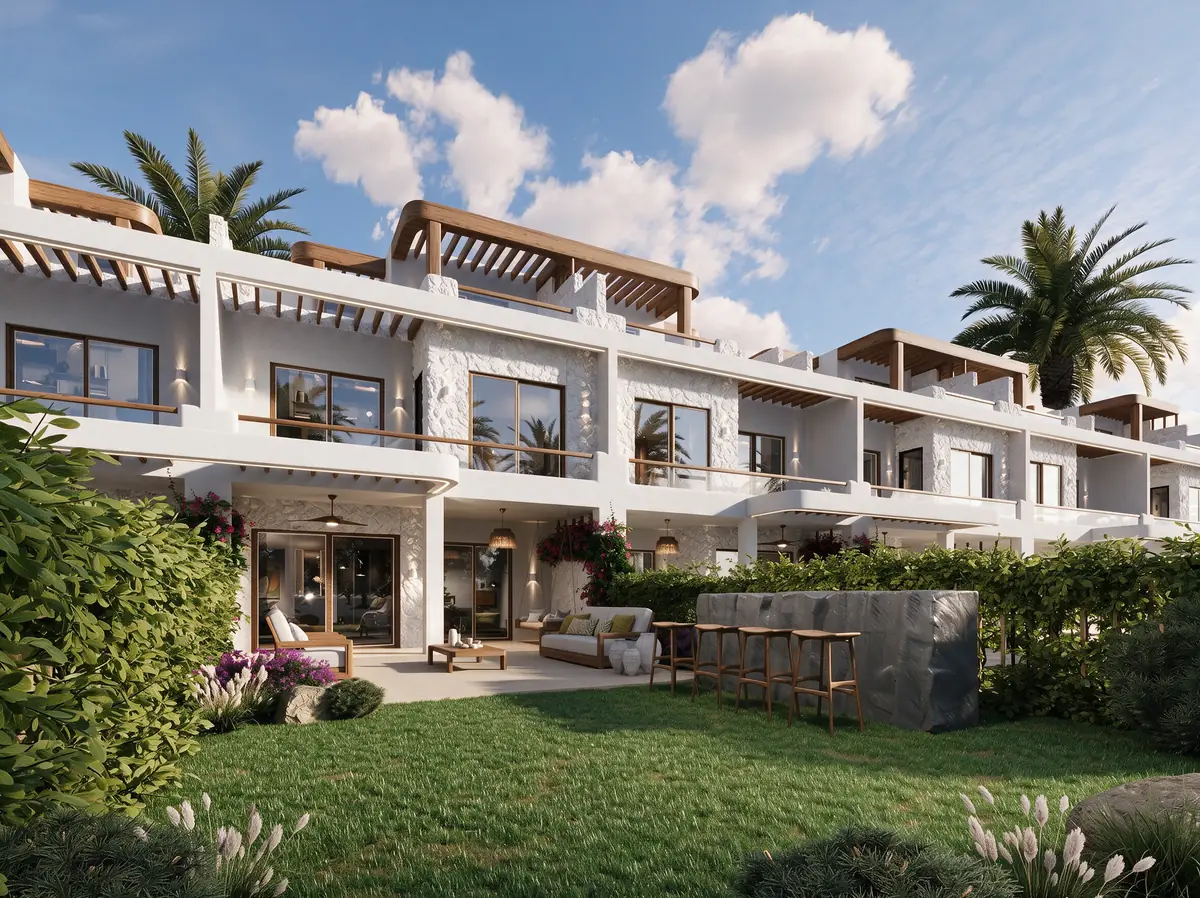 Katameya Coast - Sidi Henish – Angled view along a row of townhouses with roof pergolas and private lawns