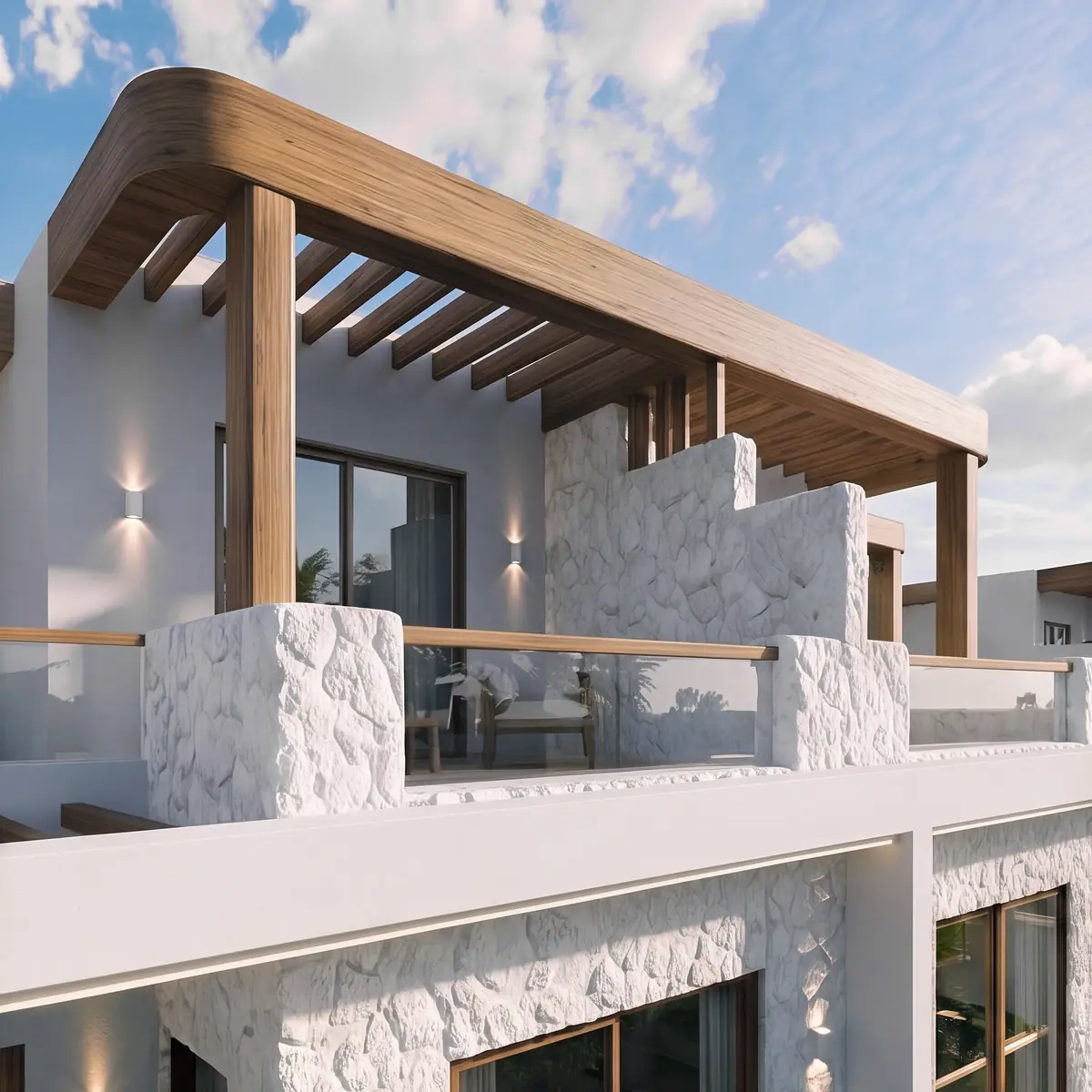 Katameya Coast - Sidi Henish – Townhouse roof terrace with curved timber pergola, rough stone parapets and glass railing