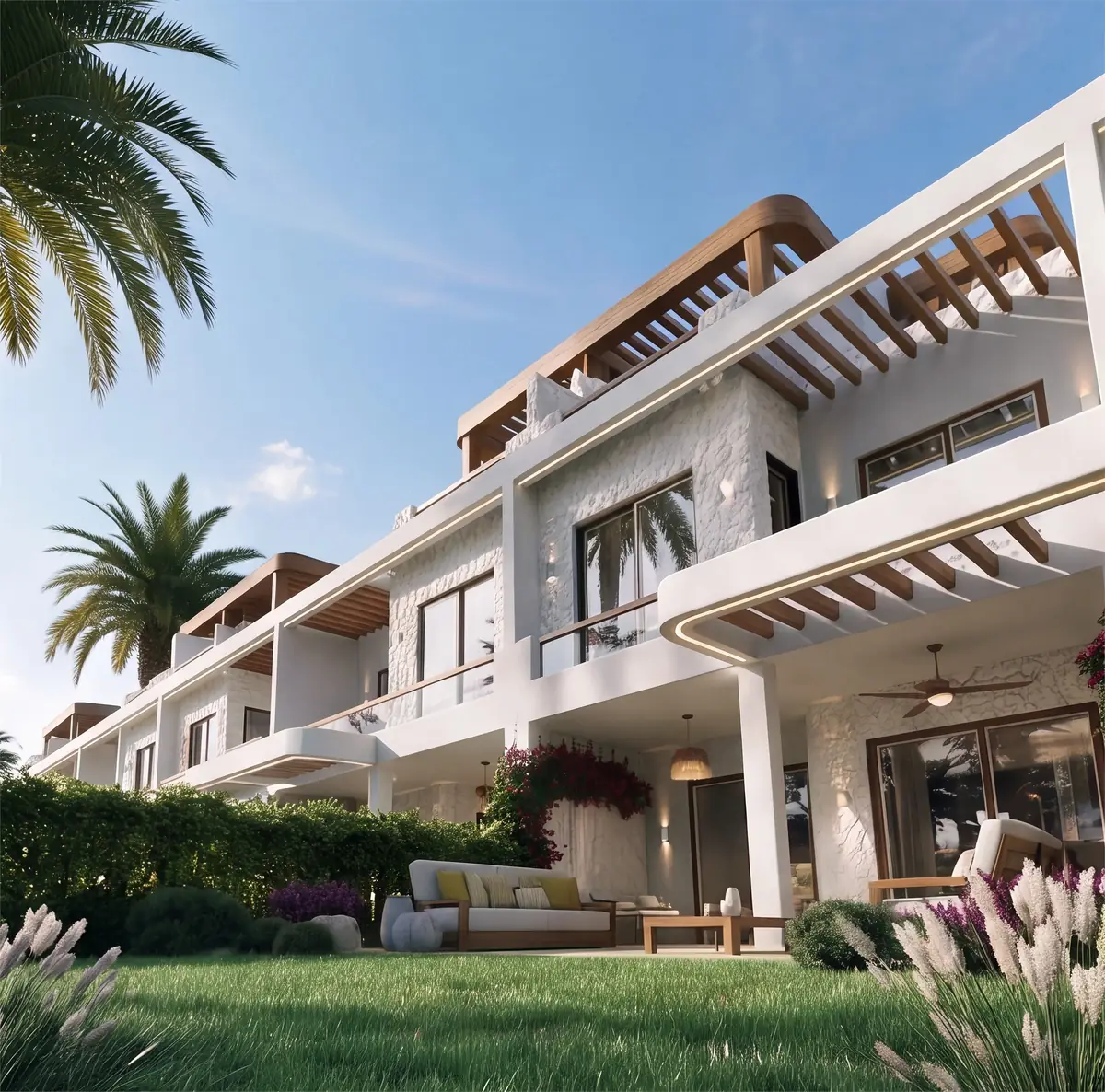 Katameya Coast - Sidi Henish – Low-angle view of townhouse balconies with curved pergolas, ceiling fans and palms