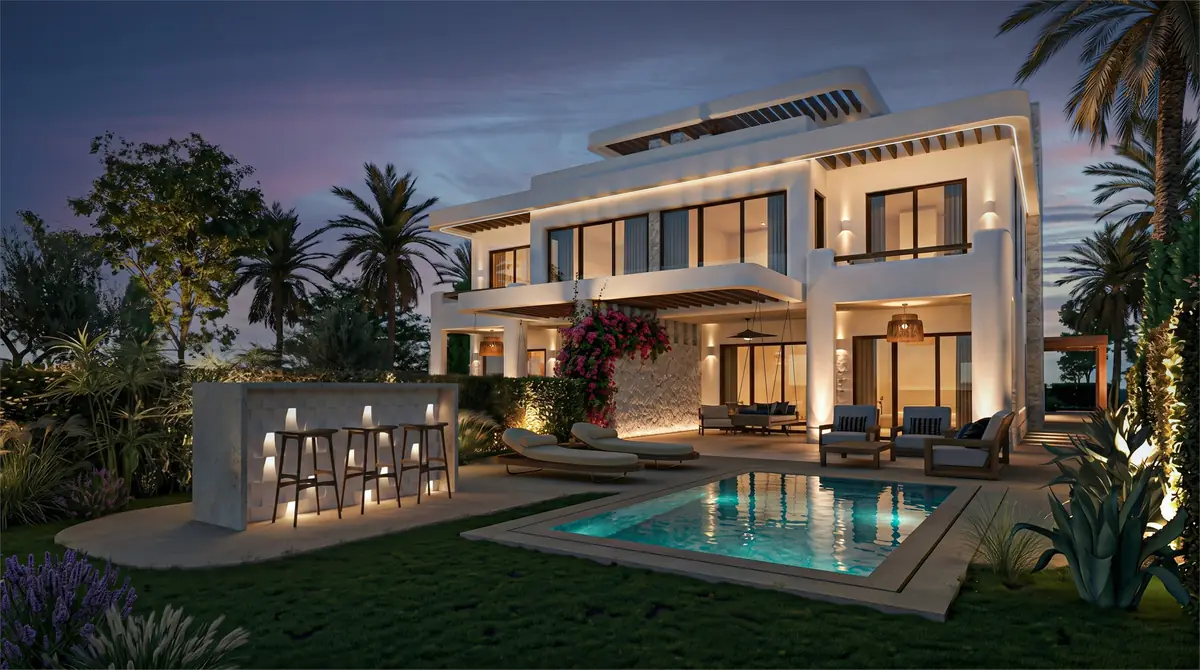 Katameya Coast - Sidi Henish – Twin villa garden at dusk with lit pool, bar counter and bougainvillea