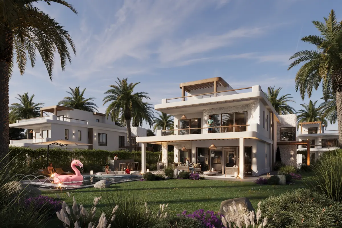 Katameya Coast - Sidi Henish – Two-storey villa by day with roof pergola and a garden pool among palms