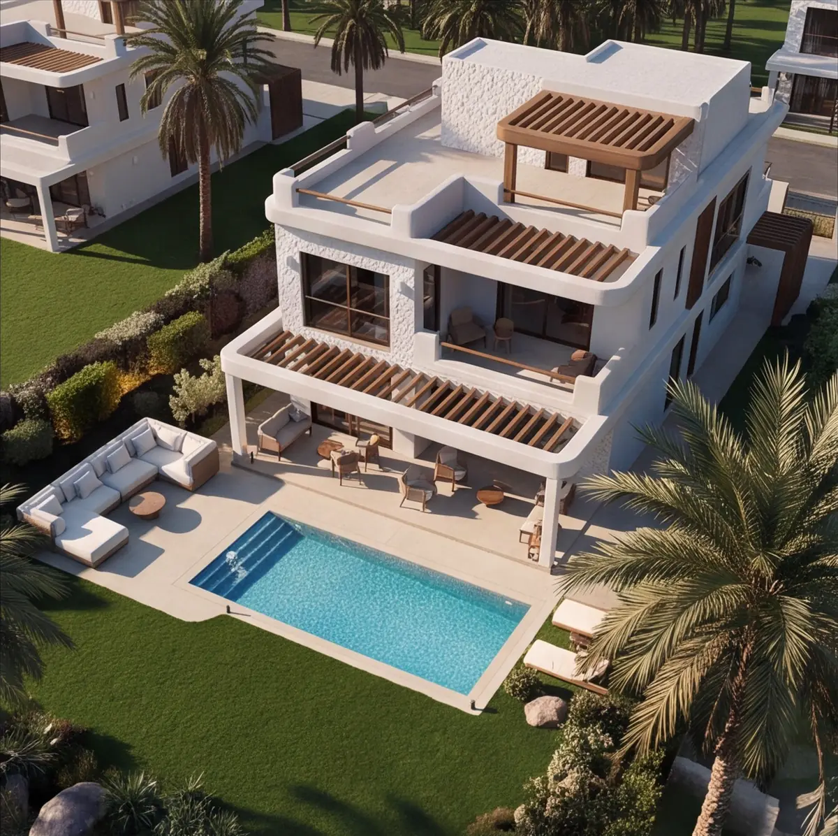 Katameya Coast - Sidi Henish – Aerial view of a villa with stepped pergola terraces, outdoor lounge and rectangular pool