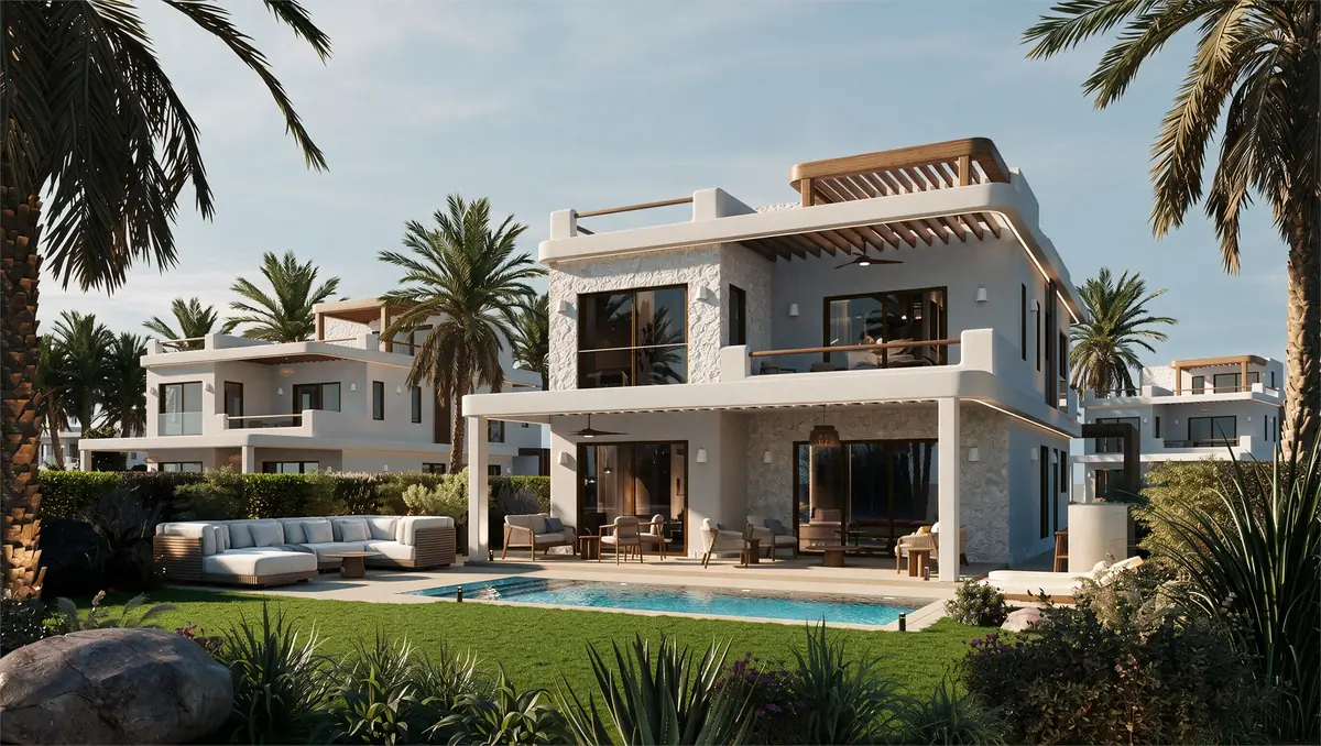 Katameya Coast - Sidi Henish – Garden façade of a white stone-clad villa with lounge terrace and pool by day