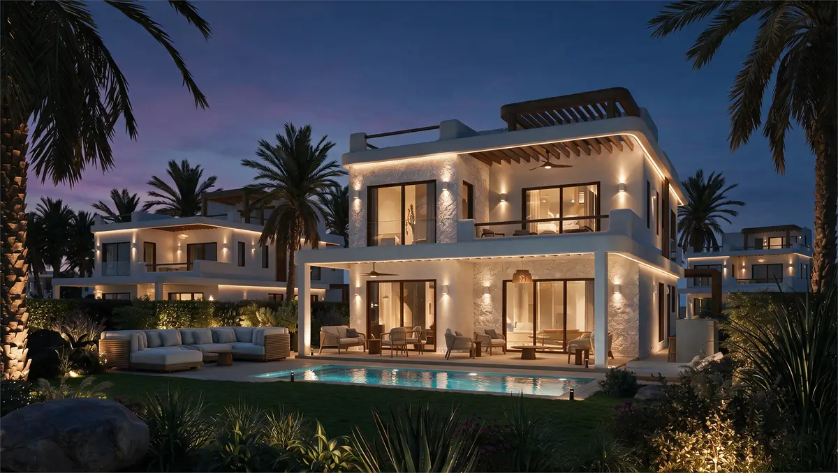 Katameya Coast - Sidi Henish – Villa garden façade at dusk with warm wall lights reflected in the pool