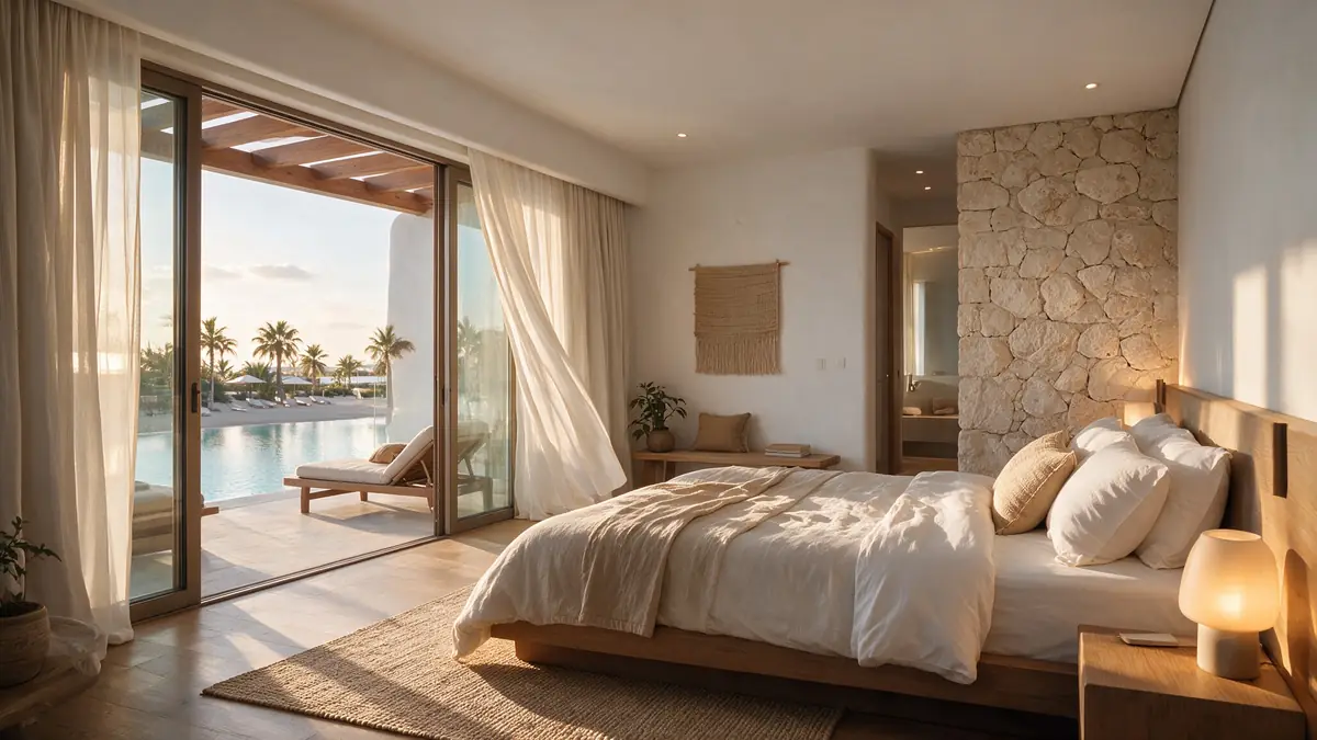 Katameya Coast - Sidi Henish – Guest room with stone feature wall, linen bedding and a balcony over the lagoon