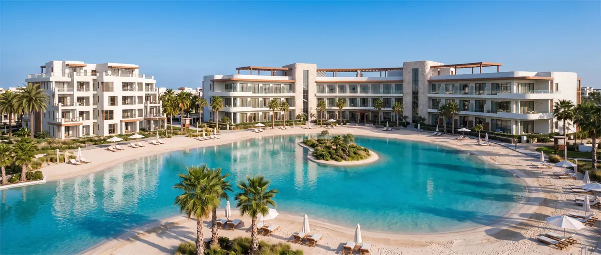 Katameya Coast - Sidi Henish – Wide panoramic view of the lagoon with planted island, sandy shores and sunshades