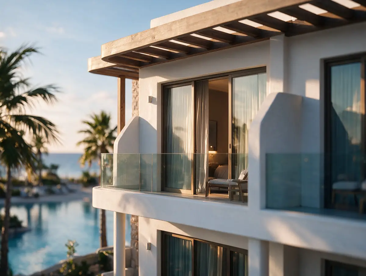 Katameya Coast - Sidi Henish – Glass-railed balconies under a timber pergola overlooking the lagoon and sea at sunset
