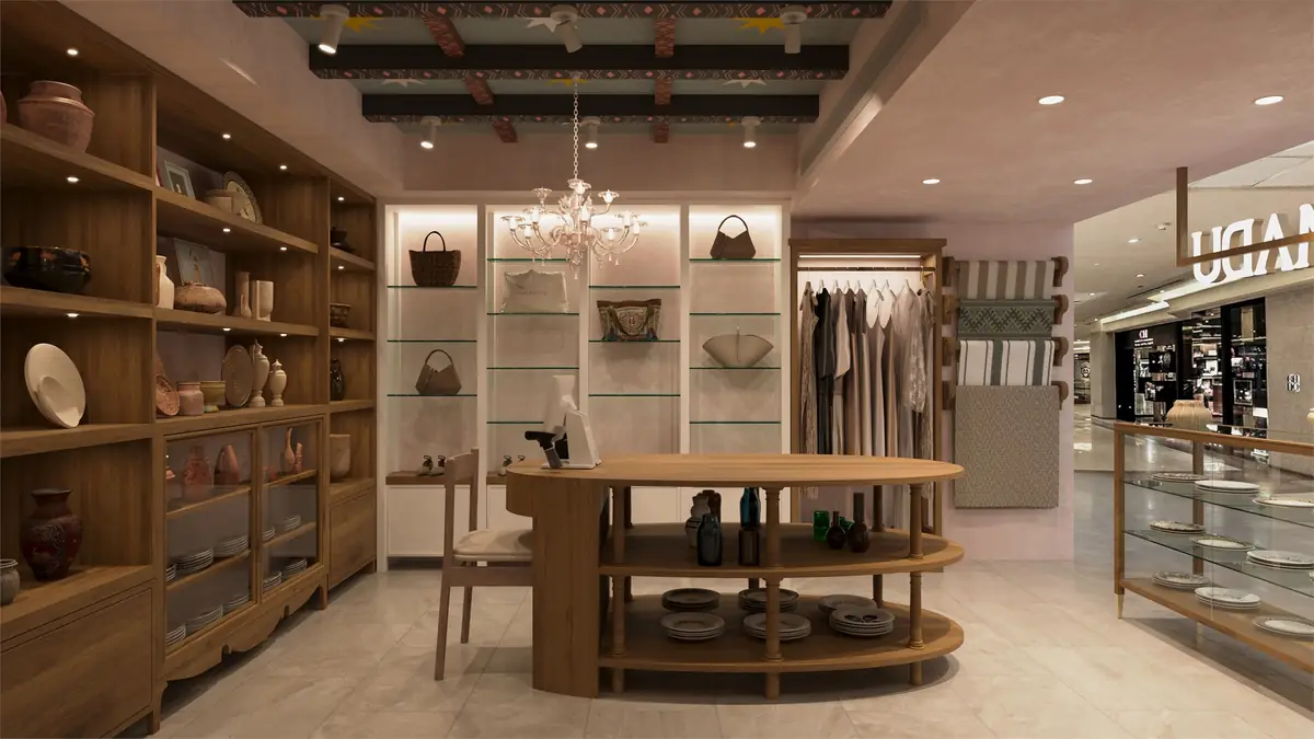 MADU Marriott Zamalek Branch – Oval timber display table between ceramics shelving and glass shelves of baskets