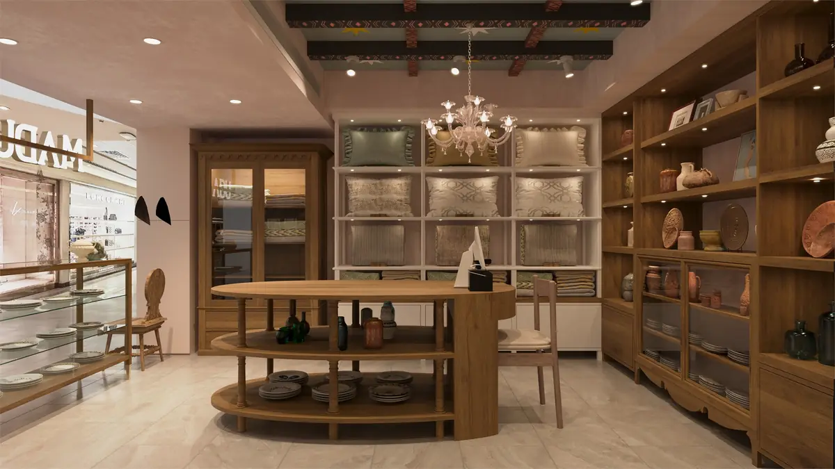 MADU Marriott Zamalek Branch – Back wall of cushion shelving behind an oval table and glass chandelier