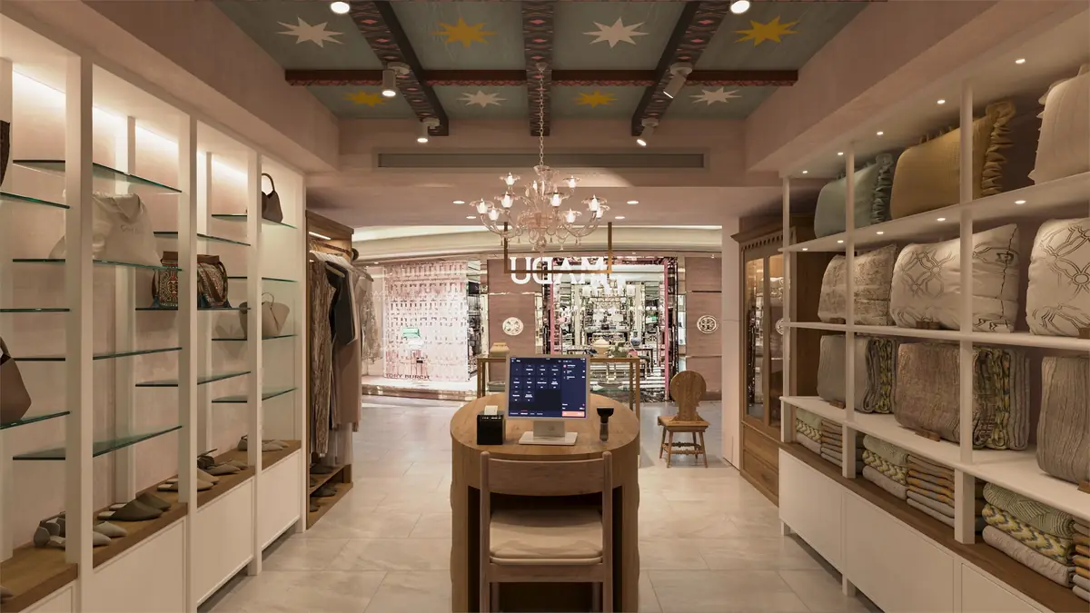 MADU Marriott Zamalek Branch – View toward the entrance past the cash desk, under a star-painted beamed ceiling