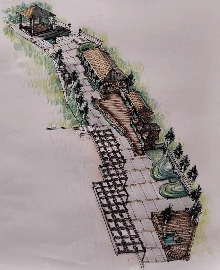 Marmarica Boutique cabanas – Hand sketch of the timber boardwalk under pergolas leading past the cabanas