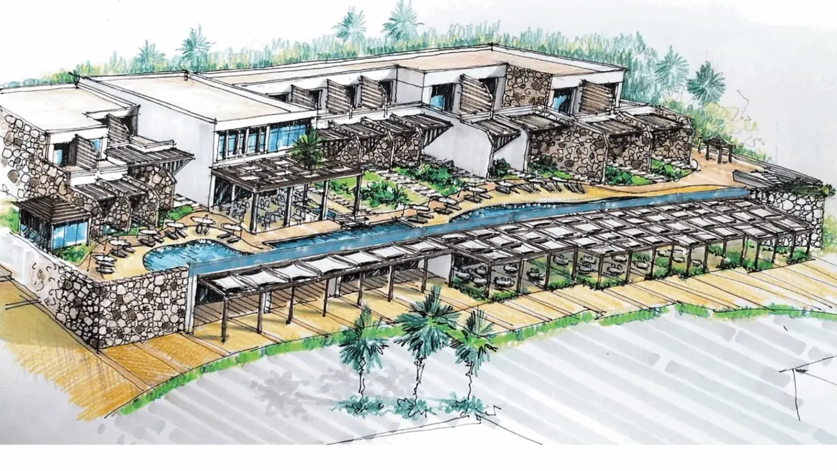 Marmarica Boutique cabanas – Hand sketch of stone-walled cabanas and pergolas along a long pool
