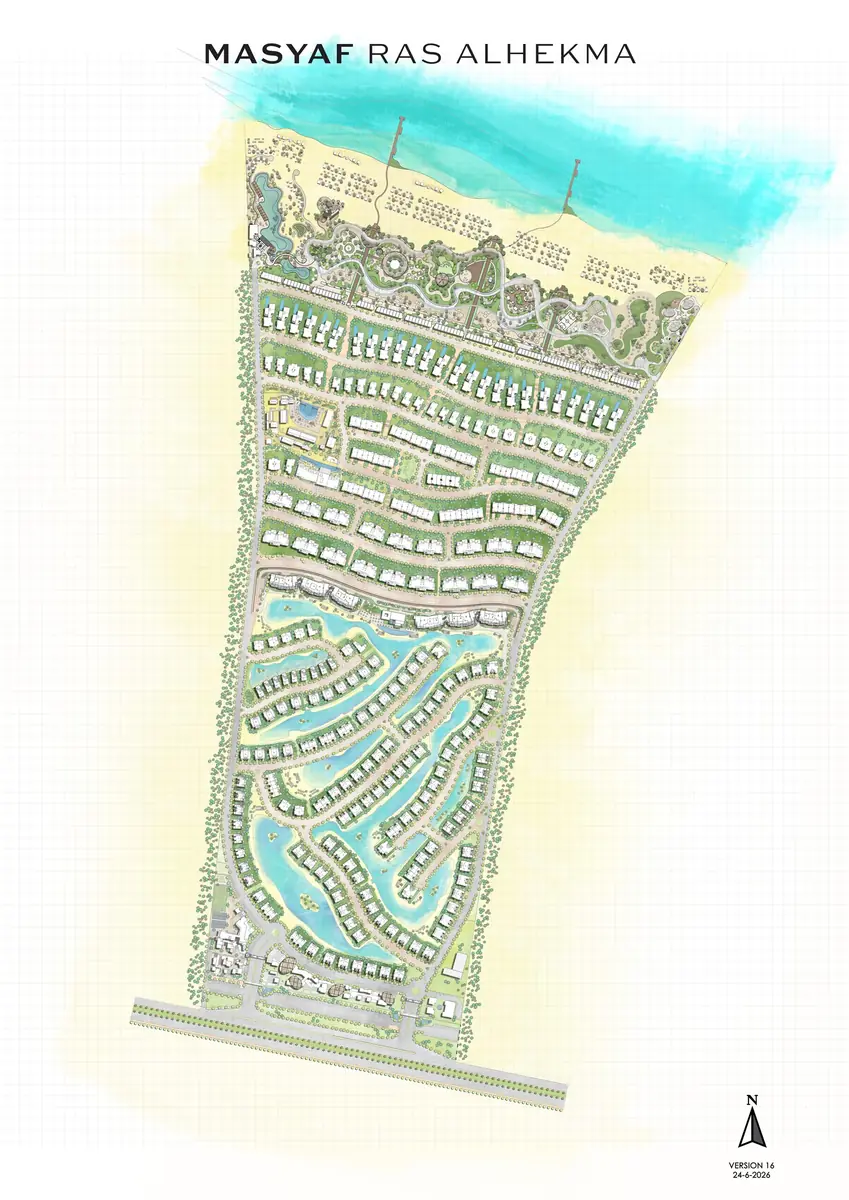 Masyaf Ras Al-Hekma – Masterplan drawing running inland from the beach, with villa rows between lagoons