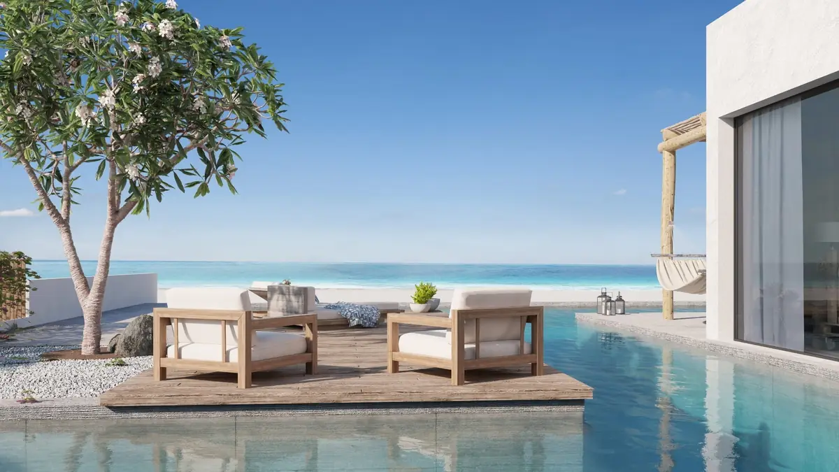 Masyaf Ras Al-Hekma – Timber deck lounge set in a pool with a view of the sea