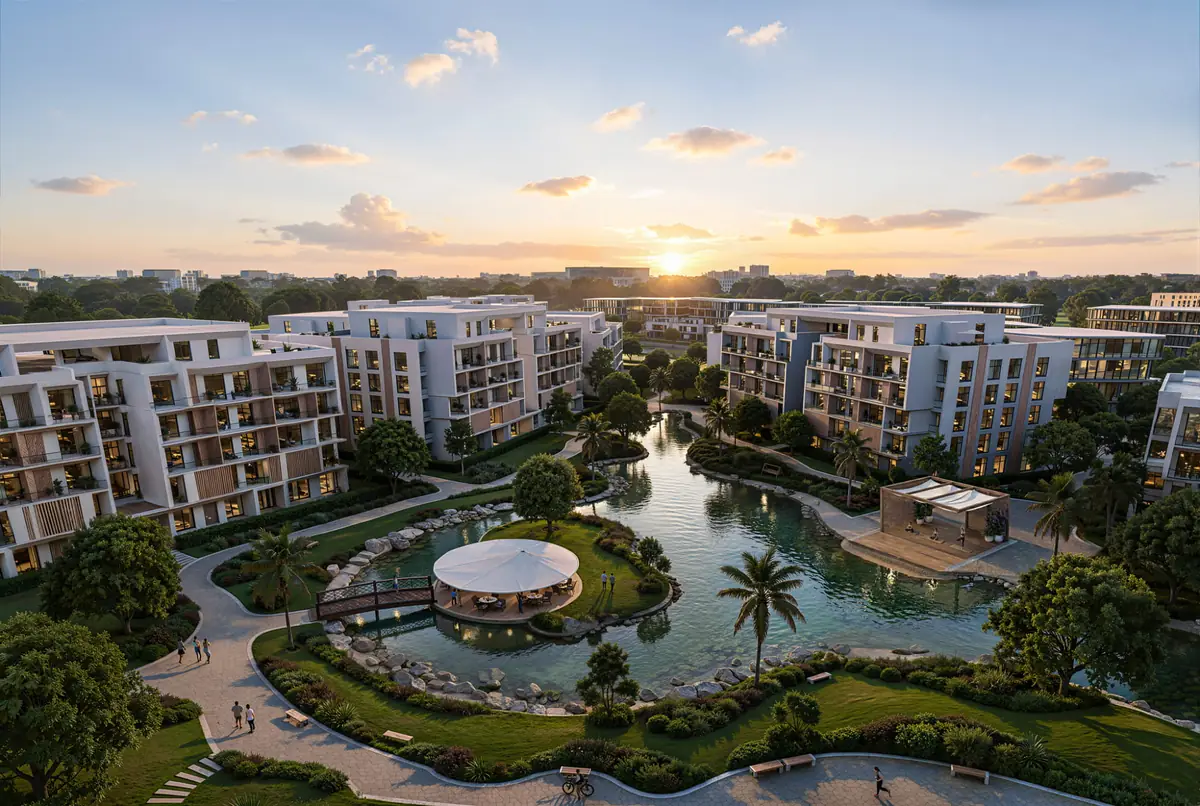 Mist – Aerial view at sunset of apartment blocks around lakes and a round pavilion