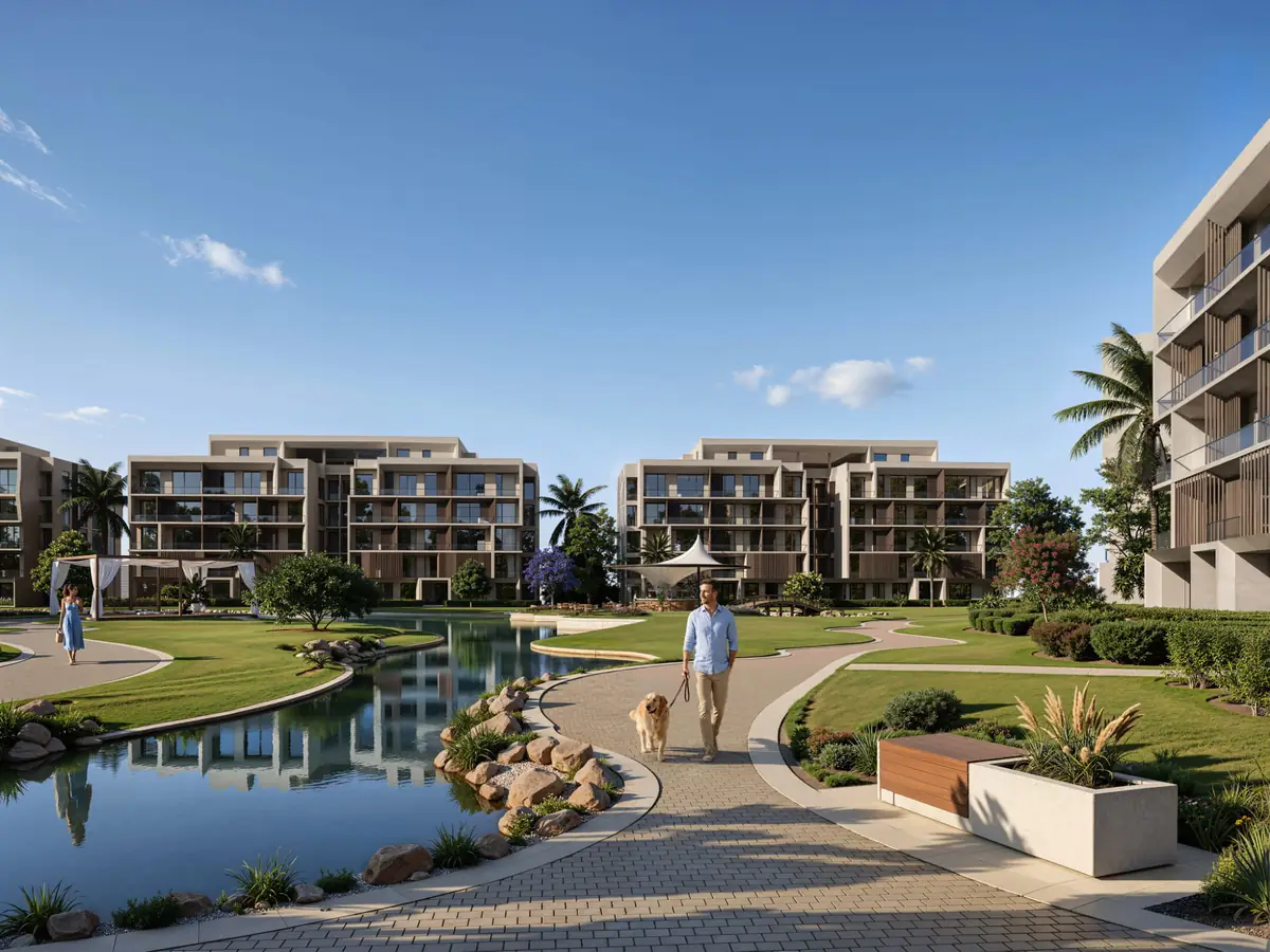 Mist – Paved lakeside walkway with planters and rock edging below apartment blocks