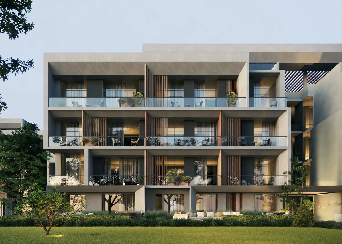 Mist – Garden-side apartment façade with deep frames, glass balconies and timber screens