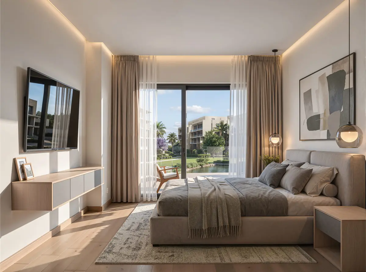 Mist – Bedroom with upholstered bed, cove lighting and a glass door onto the garden