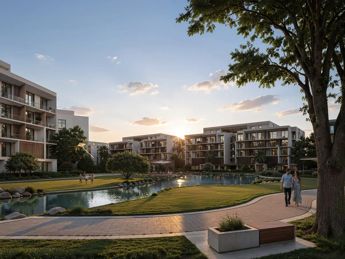 Mist – Lakeside path at sunset beneath a large tree, apartment blocks beyond