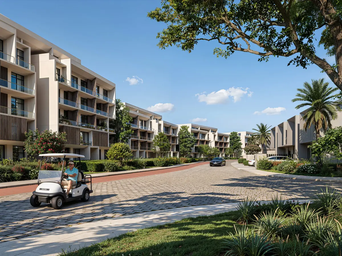 Mist – Golf cart on a cobbled street lined with palms and apartment blocks