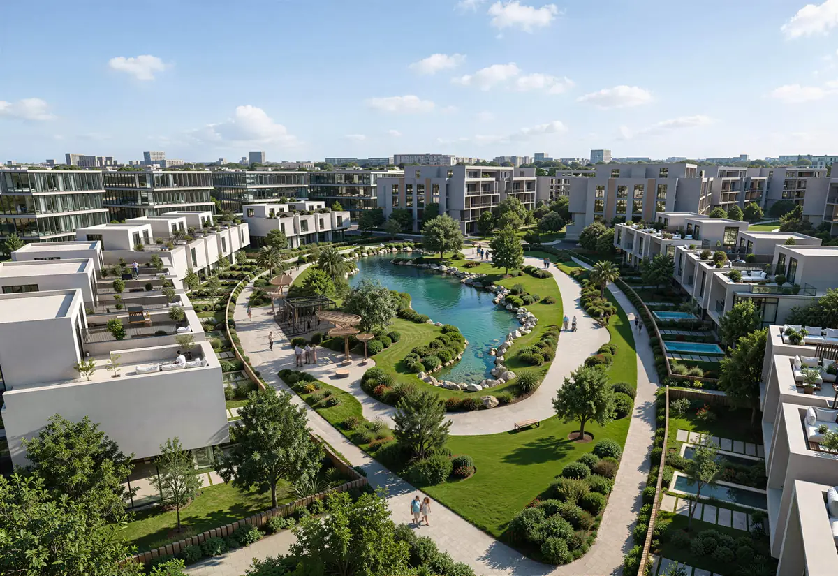 Mist – Elevated view of a winding garden walk between townhouse roof terraces and pools