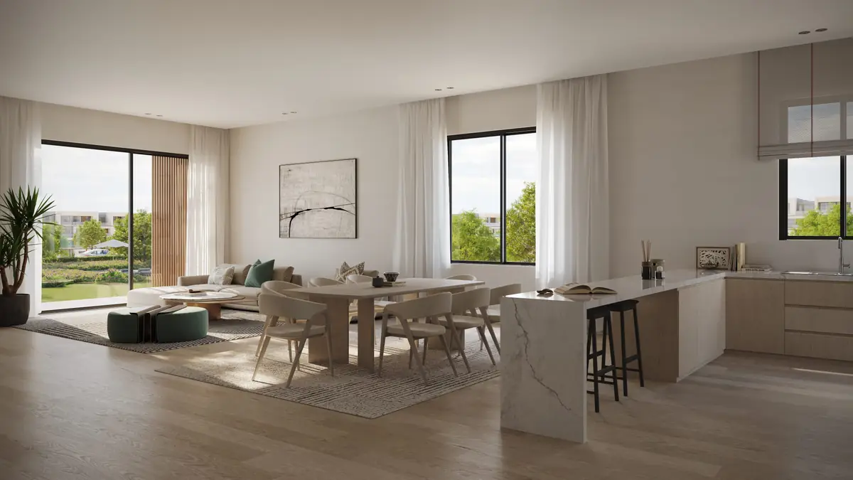 Mist – Open-plan living, dining and kitchen with marble island and garden views