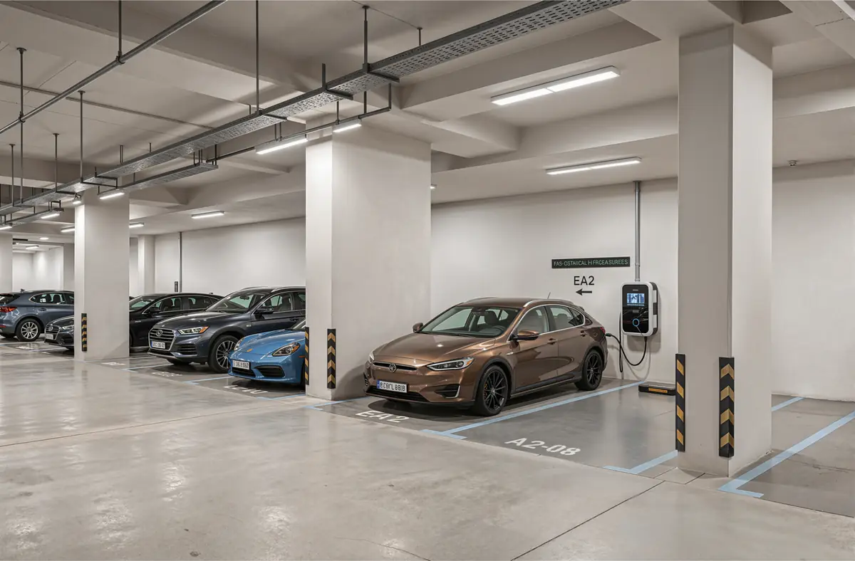 Mist – Underground car park with an electric car charging point and marked bays